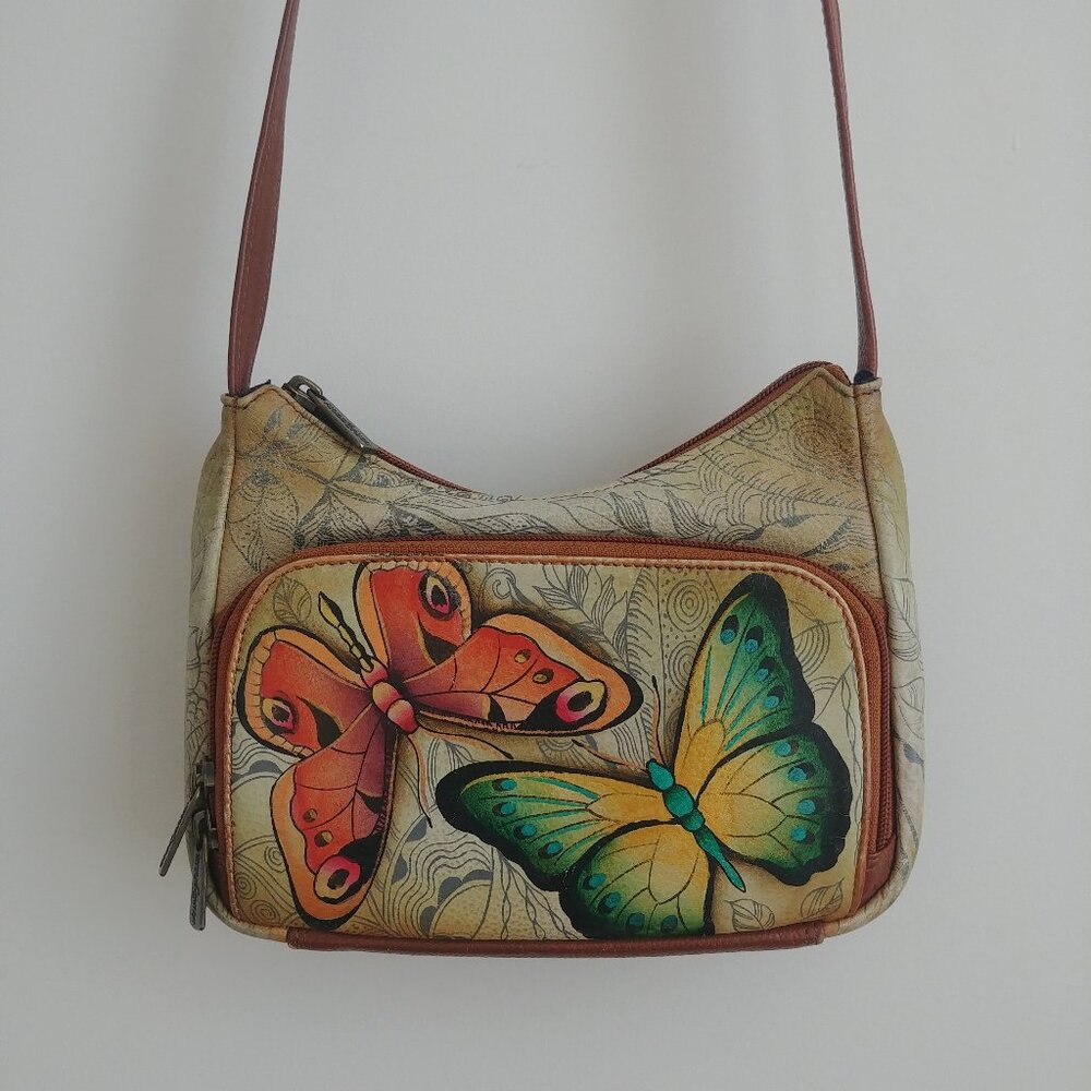 Anuschka genuine leather handpainted butterfly crossbody bag purse brown